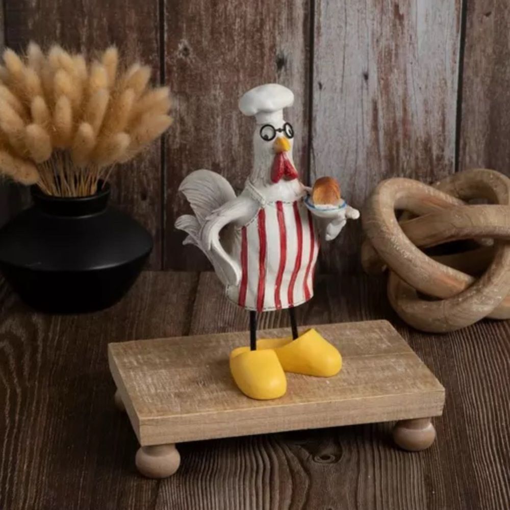 Chef Rooster Figurine with Red Stripes and Yellow Shoes Chef Rooster Figurine